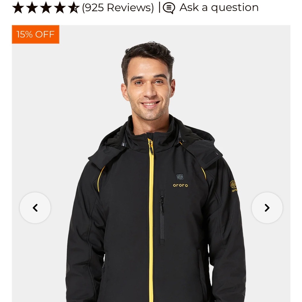 Ororo Heated Yellow and Black Outdoor Performance Jacket with Detachable Hood